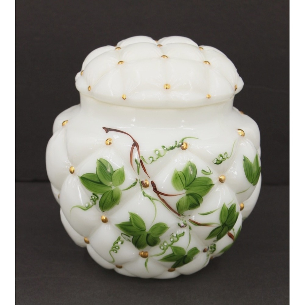Antique Consolidated Tufted Pillow Hand Painted Milk Glass Biscuit‎ Jar Ivy